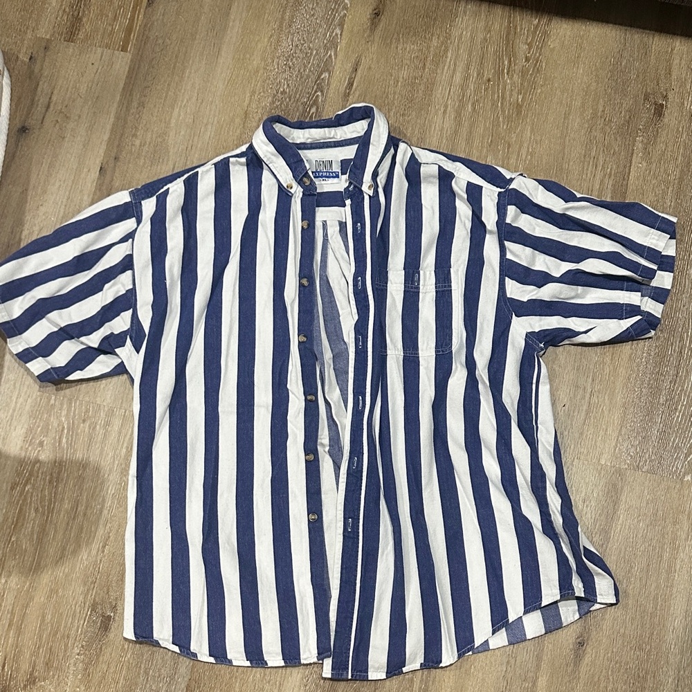 Express Blue and White Striped Casual Button Down Shirt